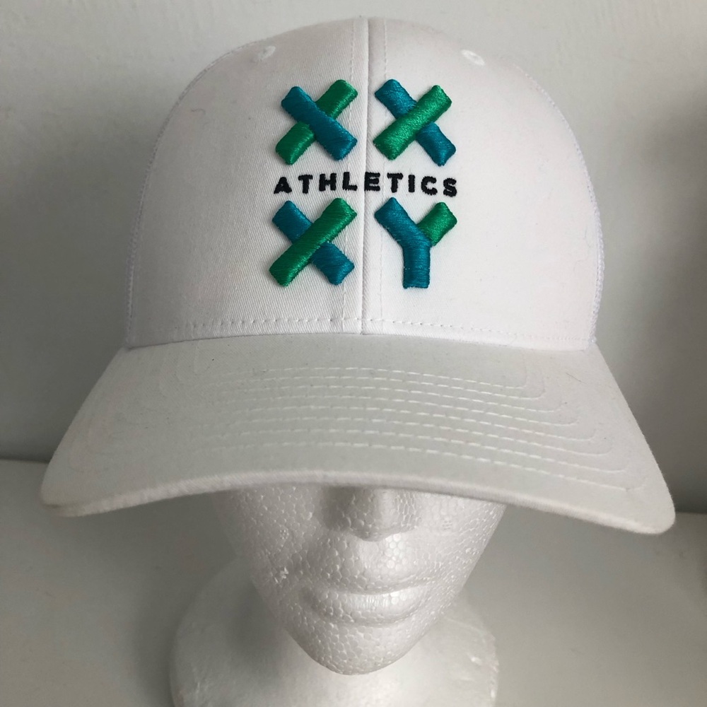 XX XY Athletics White Ball Cap with Blue and Green Logo Embroidery